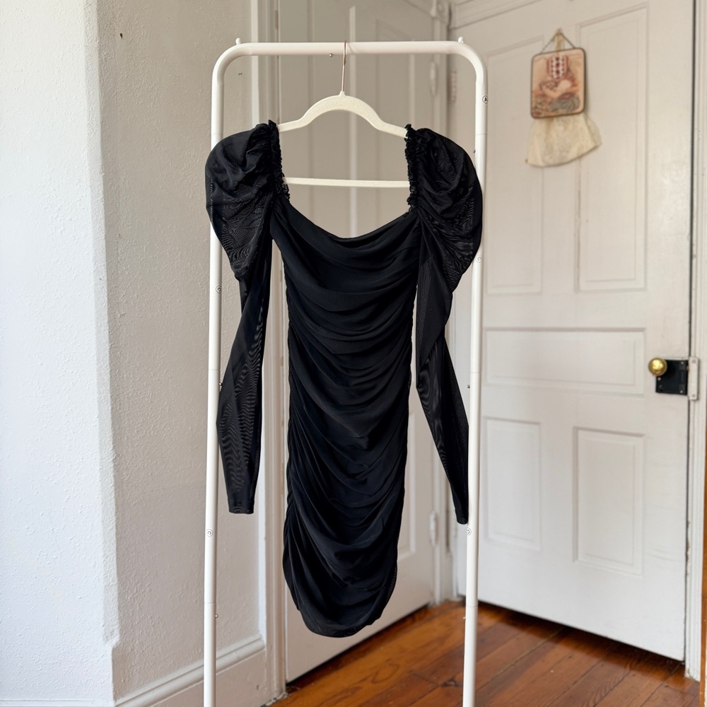 NWOT Shein long sleeve ruched mesh short black bodycon dress XS